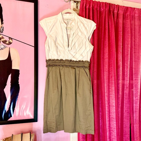 Max & Cleo Midi Business Dress Pleated White Bust Ruffled Waist Taupe Women’s 8 - Picture 5 of 5